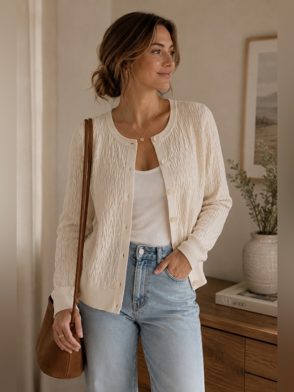 Pendleton Silk Blend Cream Neutral Cardigan Pullover Sweater Size Medium